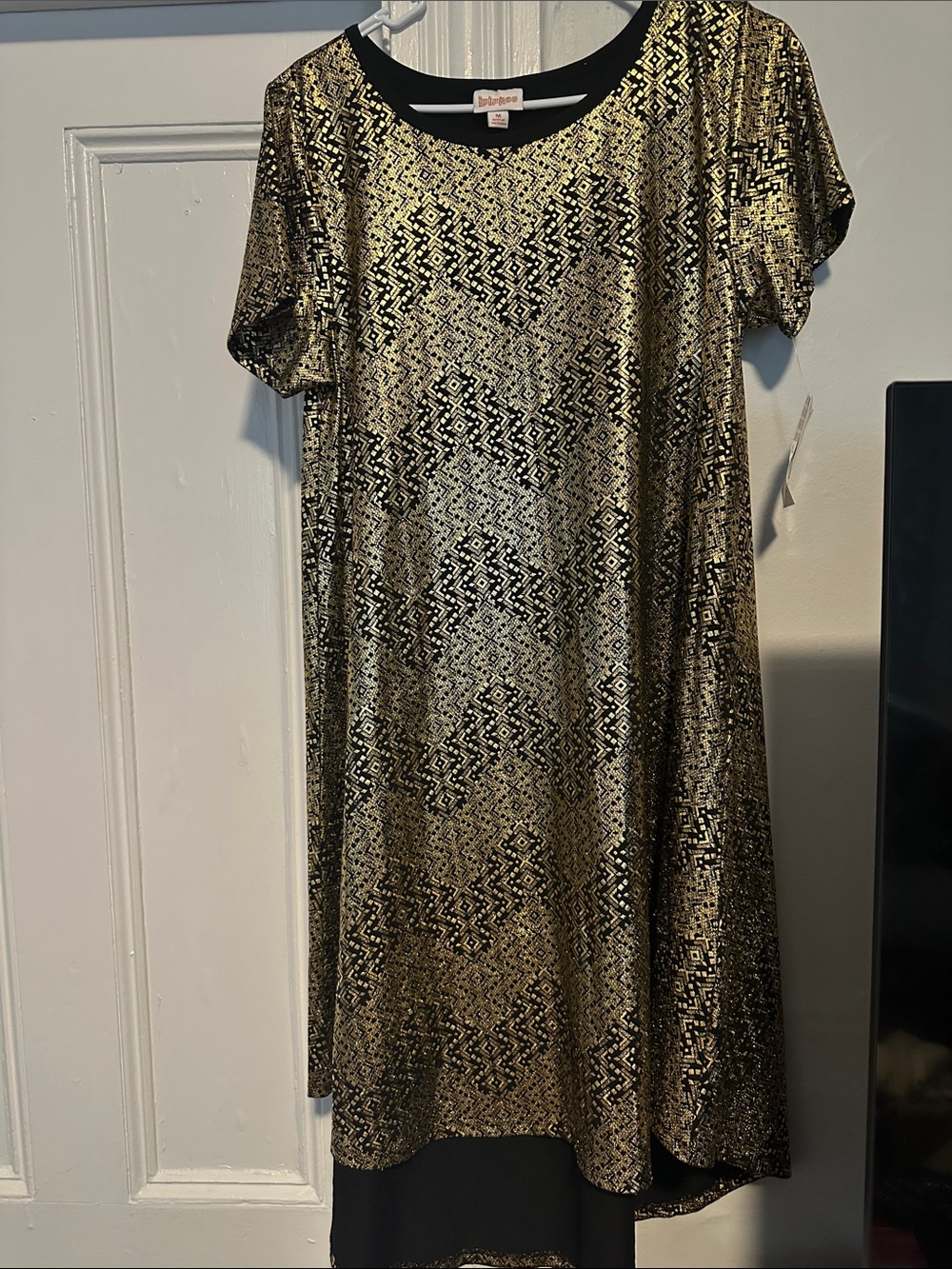 LuLaRoe Gold and Black Metallic Short Sleeve Shift Dress